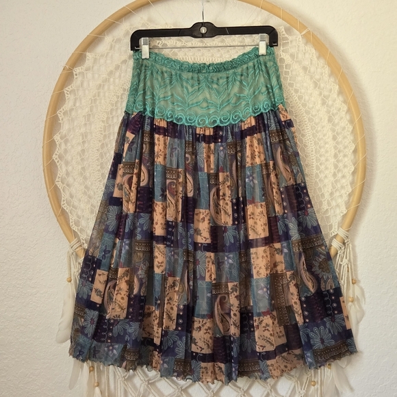 Vtg Y2K Bohemian Gypsy Patchwork Paisley Design Sheer Lace Midi Pull-on Skirt - Picture 9 of 10